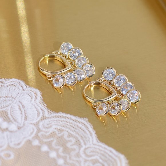 NEW 14K Gold Plated Round Diamond Drop Huggie Hoop Earrings - Picture 5 of 8